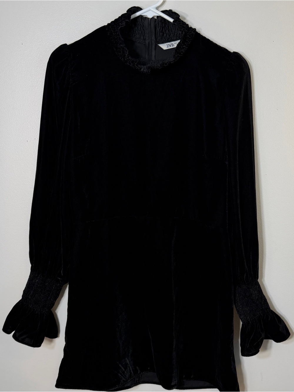 Zara Black Velvet Long Sleeve Mini Dress Ruffle neck & sleeve Wednesday Adams L